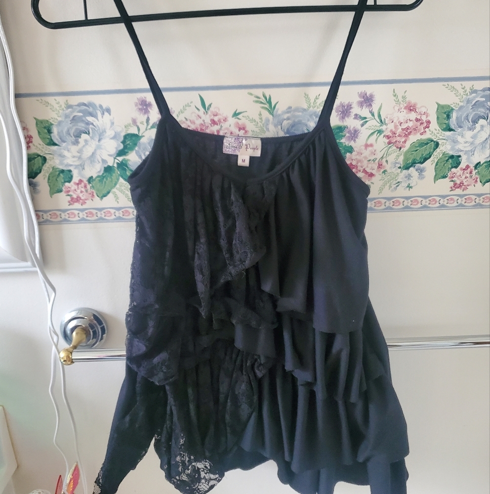 Black Lace Ruffled Tank Top